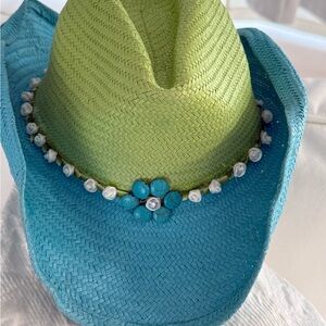 Vintage Green and Blue Straw Hat with Floral Accent